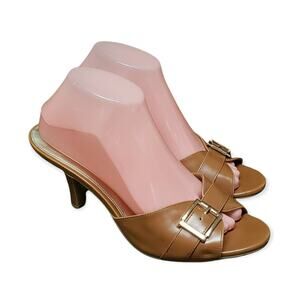 Fiona Light Brown Slide On High Heels with Gold Belt Clip - Size 9.5
